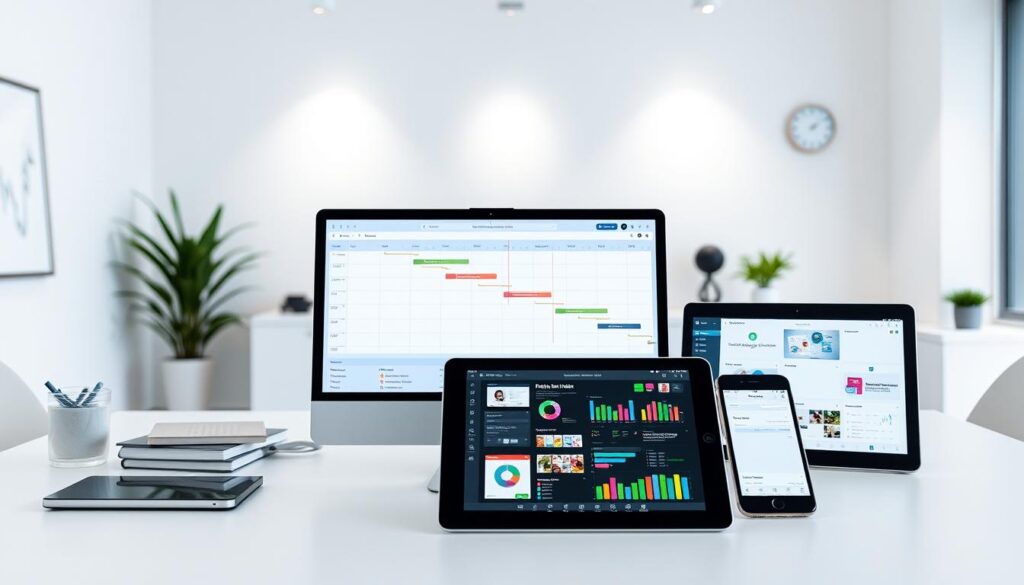 Sleek and modern project management tools arranged in a well-lit workspace. In the foreground, a minimalist digital display showcases a Gantt chart, task lists, and project timelines. In the middle ground, a laptop and tablet display various productivity apps and software interfaces. The background features a clean, minimalist office setting with tasteful decor and strategically placed lighting that creates a calm, focused atmosphere. The overall scene conveys a sense of efficiency, organization, and the tools necessary for a successful project manager to thrive.