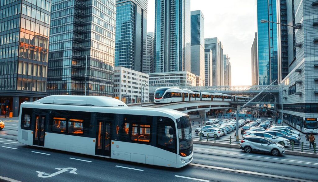 Sleek and modern public transport solutions in a thriving smart city. In the foreground, an electric bus glides silently through the bustling streets, its minimalist design and efficient propulsion system reflecting the city's commitment to sustainable mobility. In the middle ground, a network of elevated light rail tracks weaves between towering skyscrapers, their glass facades reflecting the sky and the movement of the trains. In the background, a complex of autonomous vehicles and ridesharing platforms converge at a central hub, seamlessly integrating different modes of transport. The scene is bathed in a warm, futuristic glow, conveying a sense of technological advancement and environmental awareness.