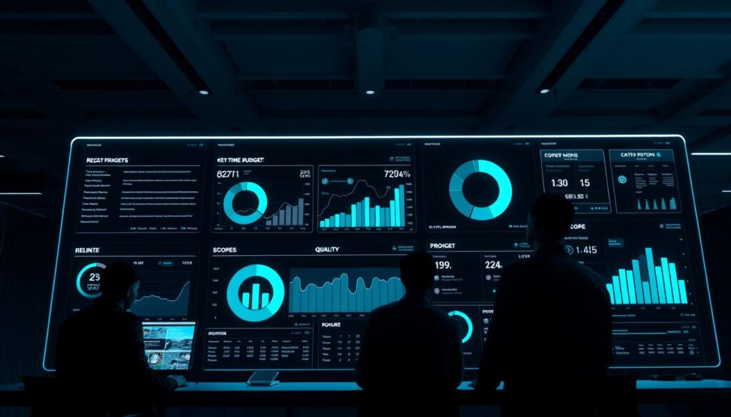 Sleek, data-driven project monitoring dashboard in a modern office setting. Glowing holographic displays showing key performance indicators (KPIs) like timeline, budget, scope, and quality metrics. Sophisticated algorithms processing real-time data visualizations. Minimalist, monochrome color scheme with pops of azure and emerald accents. Dramatic backlighting casts dramatic shadows, adding depth and drama. Wide angle lens captures the expansive, high-ceilinged room. Serene, focused atmosphere as a team of project managers review the detailed analytics.