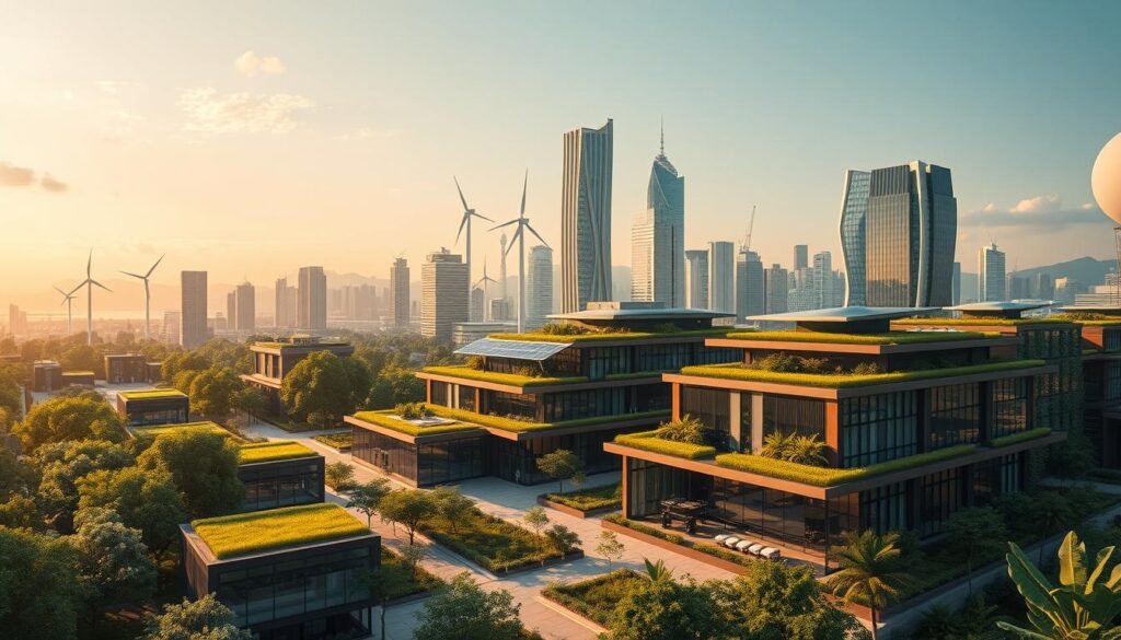 Sleek, energy-efficient structures with seamless integration of solar panels, wind turbines, and geothermal systems. A futuristic skyline of biophilic skyscrapers and low-rise buildings with green roofs, surrounded by lush, verdant landscapes. Warm, natural lighting filters through large windows, illuminating the clean lines and sustainable materials. Cutting-edge architectural designs prioritize passive cooling, thermal insulation, and water conservation. The scene evokes a sense of harmonious coexistence between human innovation and the natural world, showcasing the potential of green building engineering.
