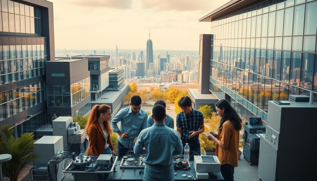 Sleek, modern university campus with state-of-the-art engineering facilities. In the foreground, a group of diverse students collaborating on a complex engineering project, surrounded by cutting-edge equipment and technology. The middle ground features a mix of traditional and contemporary architecture, with glass-paneled laboratories and lecture halls. In the background, a panoramic view of a bustling city skyline, symbolizing the vast opportunities available to graduates. Warm, natural lighting illuminates the scene, conveying a sense of innovation, education, and a promising future in the field of engineering.