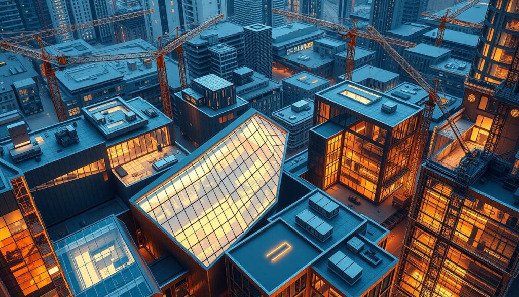 Sleek, modular structures rise into a future skyline, their geometric forms reflecting the innovative spirit of 21st-century architecture. Gleaming panels of glass and steel interlock in dynamic configurations, showcasing the adaptability and efficiency of next-generation building designs. Cranes and scaffolding dot the landscape, hinting at the seamless construction process that brings these visionary plans to life. Warm lighting emanates from within, casting a welcoming glow and suggesting the human-centric spaces that await. An aerial perspective captures the scale and interconnectivity of this modular urban landscape, where form and function harmonize to shape the cities of tomorrow.