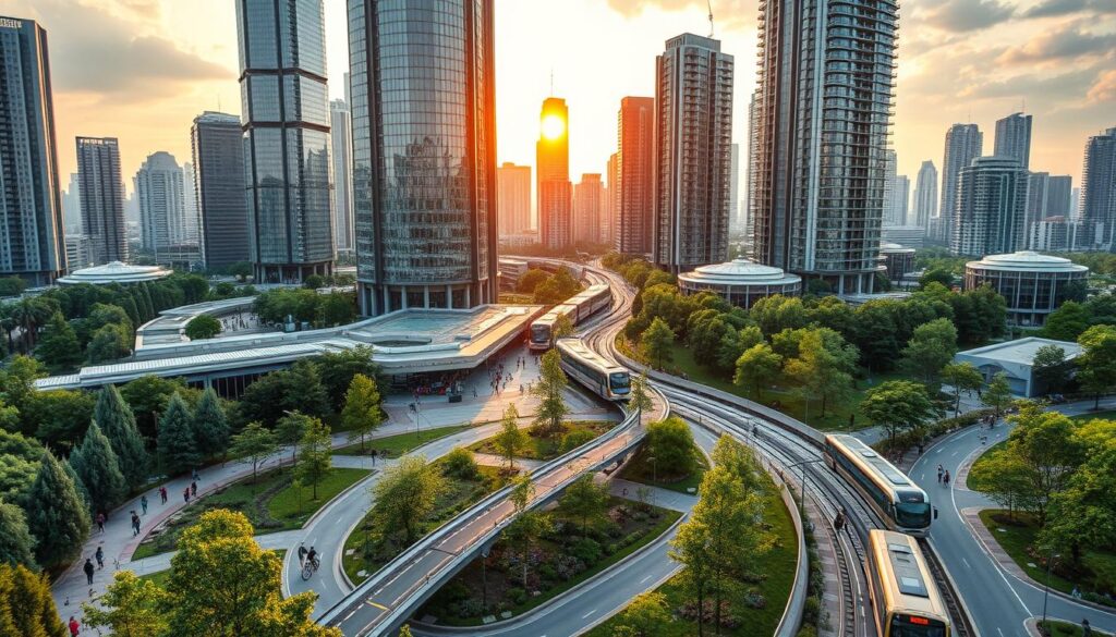 Soaring skyscrapers punctuate a verdant cityscape, their glass facades reflecting the warm glow of a setting sun. Pedestrian-friendly plazas and bike lanes wind through the urban landscape, connecting vibrant mixed-use developments. Efficient public transportation systems, including sleek trains and electric buses, ferry commuters across the city. Lush green spaces and community gardens dot the scene, promoting sustainability and a healthy lifestyle. The overall atmosphere conveys a vision of a thriving, eco-conscious metropolis where people, nature, and technology coexist in harmony.