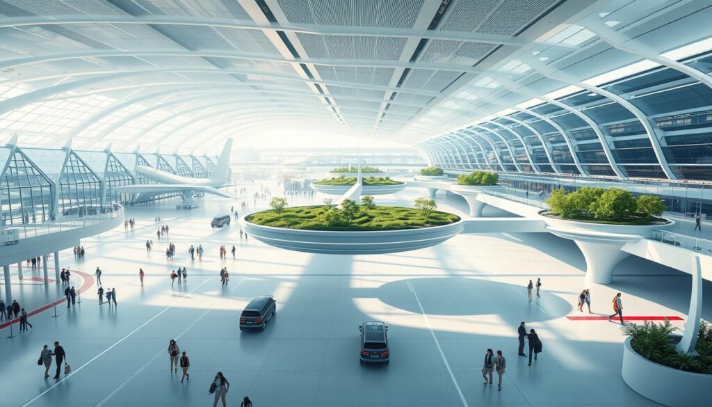 Sprawling airport terminals with sleek, futuristic architecture. Soaring glass-and-steel structures bathed in soft, diffused lighting. Passengers navigating seamless pathways, technology-enabled and intuitively designed. Autonomous vehicles gliding across expansive tarmacs, delivering cargo and luggage with precision. Floating gardens and biophilic elements weaving nature into the built environment. An airport of the future, optimized for efficiency, sustainability, and a remarkable traveler experience.