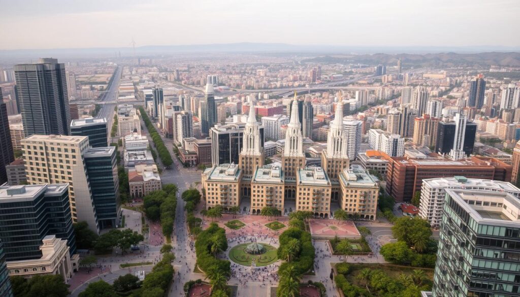 Sprawling cityscape with towering skyscrapers, meticulously planned streets, and intricate transportation networks. In the foreground, bustling pedestrians navigate through a vibrant urban plaza, adorned with modern architectural masterpieces and lush greenery. The middle ground showcases a series of mixed-use buildings, their diverse facades reflecting the harmonious blend of residential, commercial, and civic structures. In the background, rolling hills and a distant horizon provide a scenic backdrop, accentuating the harmonious integration of the built environment with the natural landscape. Warm, diffused lighting casts a serene, contemplative atmosphere, capturing the essence of a well-designed, sustainable urban landscape.