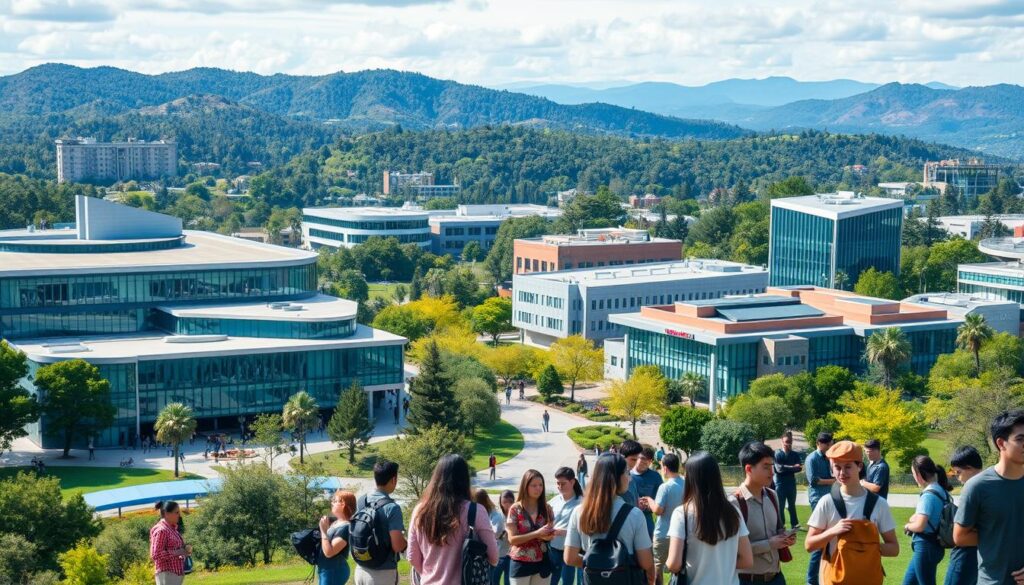 Sprawling university campuses with modern, glass-clad engineering buildings set against a backdrop of azure skies and lush, verdant landscapes. In the foreground, diverse groups of students engaged in animated discussions, exchanging ideas and forging connections. A sense of intellectual curiosity and boundless potential permeates the scene, as they navigate the robust career services and networking opportunities that these top-tier engineering institutions offer. Warm, diffused lighting casts a welcoming glow, inviting international students to immerse themselves in this dynamic, forward-thinking academic environment.