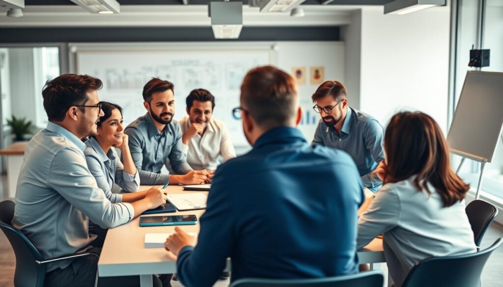 Stakeholder management: A meeting of diverse perspectives. In the foreground, a group of professionals gathered around a conference table, engaged in animated discussion. Varied expressions, from thoughtful contemplation to passionate debate, reflect the complexity of their roles. The middle ground features an array of digital devices, whiteboards, and documentation, symbolizing the data and technology that facilitate collaboration. The background evokes a modern office setting, with clean lines, natural lighting, and a sense of professionalism. The overall mood is one of purposeful collaboration, where different viewpoints converge to shape a successful project.