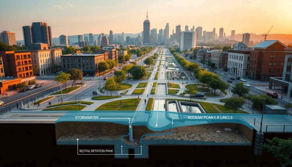 Stormwater management regulations: a meticulously crafted cityscape bathed in warm evening light, showcasing a network of modern storm drains, retention ponds, and permeable pavements. In the foreground, a detailed diagram illustrates the flow of water and the intricate systems in place to mitigate urban flooding. The midground features bustling pedestrians and vehicles navigating the well-designed streets, while the background skyline boasts a harmonious blend of skyscrapers and lush greenery. A sense of order and environmental responsibility permeates the scene, capturing the essence of a sustainable, resilient urban landscape.