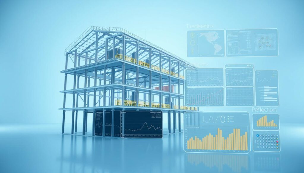 Structural analysis software rendered in a clean, minimalist style. The foreground features a 3D model of a building's structural components, such as beams, columns, and trusses, with a wireframe or semi-transparent overlay to showcase the intricate calculations and simulations. The middle ground presents various data visualizations, charts, and graphs highlighting the software's analytical capabilities, such as stress analysis, load distribution, and deflection patterns. The background sets a serene, blue-tinted atmosphere with soft lighting, evoking a sense of precision, intelligence, and the power of digital engineering tools to optimize building plans.