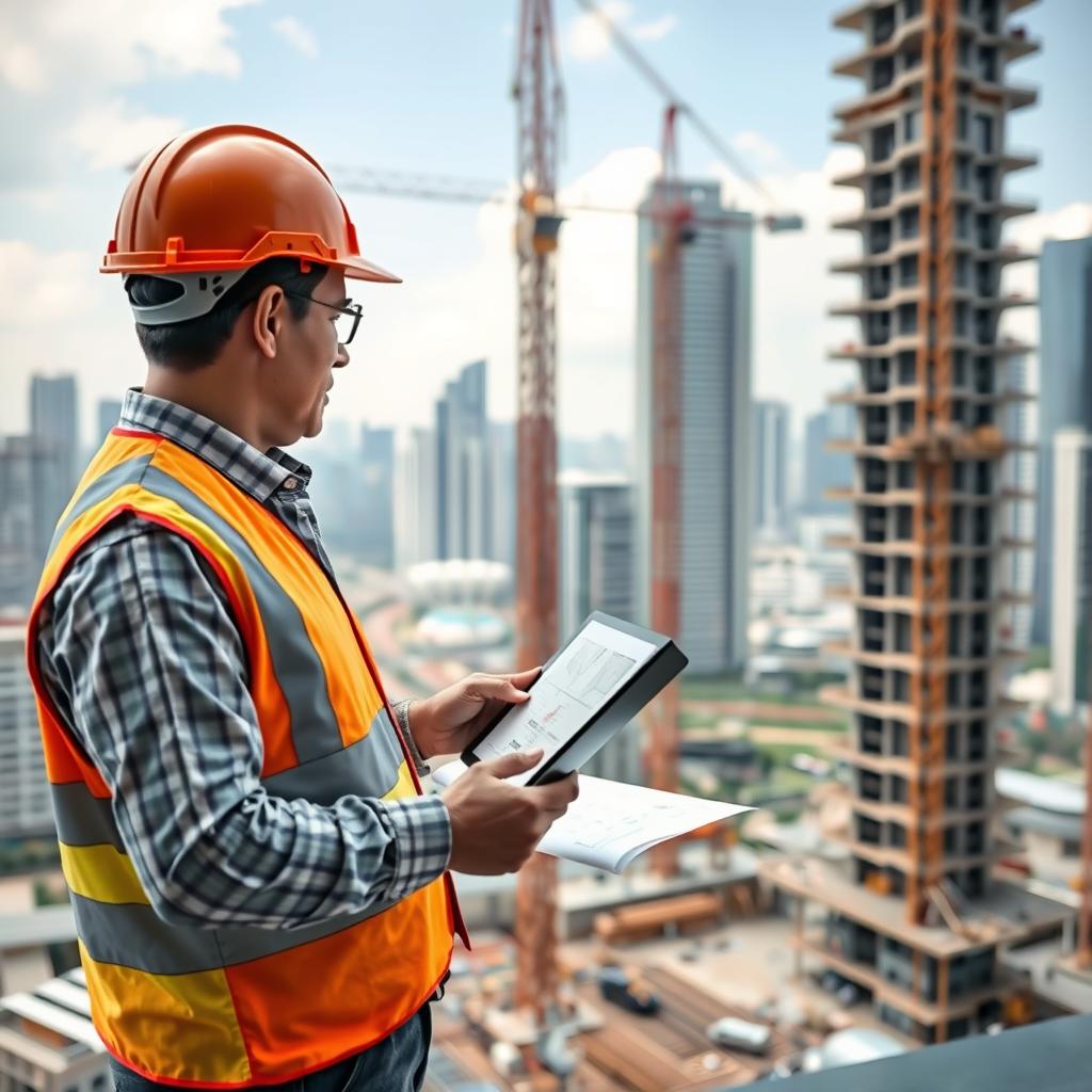 Structural engineer inspecting a high-rise building construction in Singapore