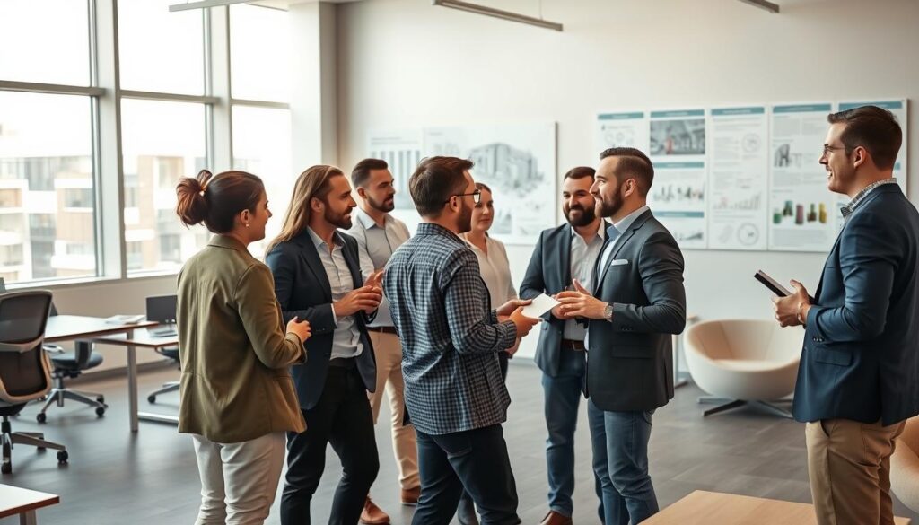 Structural engineer networking: a dynamic group discussion in a modern office setting. In the foreground, a diverse group of engineers engage in lively conversation, gesturing animatedly as they share ideas and exchange business cards. The middle ground features a sleek, minimalist workspace with ergonomic furniture and large windows flooding the room with warm, natural light. In the background, a wall-mounted display showcases architectural renderings and project timelines, reflecting the professionals' dedication to their craft. The overall atmosphere conveys a sense of collaboration, innovation, and a shared passion for problem-solving within the structural engineering industry.