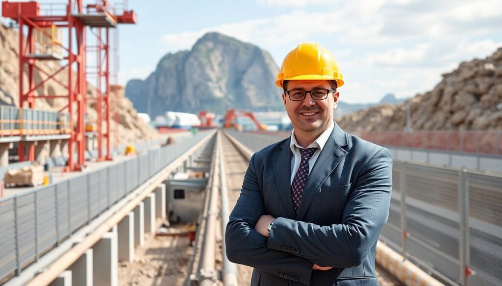 Successful civil engineer working on a construction site in Gibraltar with the Rock of Gibraltar in the background