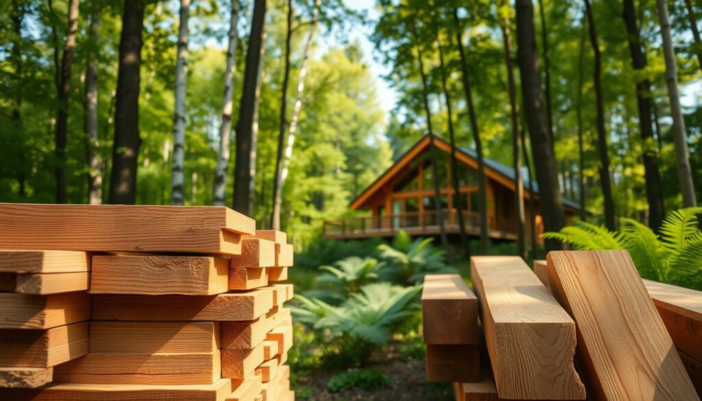 Sustainable Wood and Timber Options: A sun-dappled forest scene showcasing a diverse array of eco-friendly wood and timber products. In the foreground, a stack of FSC-certified pine planks and finely grained oak beams. In the middle ground, a modern timber-framed house blends seamlessly with the natural landscape. The background features lush green foliage, with towering birch trees and verdant ferns. Warm, ambient lighting creates a serene, inviting atmosphere, highlighting the natural beauty and sustainability of these materials. Captured with a wide-angle lens to convey a sense of harmony between the built and natural environments.