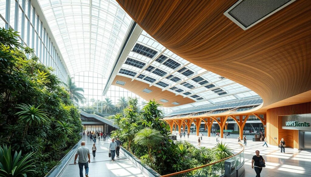 Sustainable airport design, a harmonious blend of form and function. Towering glass atrium with natural lighting, framing a lush indoor garden. Sweeping wooden beams and solar panels on the roof, harnessing renewable energy. Passengers navigate through eco-friendly materials, like recycled plastic tiles and bamboo accents. Biophilic elements like living walls and skylight atriums create a soothing, nature-inspired ambiance. Efficient wastewater management and waste-to-energy systems demonstrate a commitment to environmental stewardship. Wide open spaces, strategic use of natural ventilation, and intuitive wayfinding enhance passenger experience. This forward-thinking airport terminal embodies sustainability, blending innovative architecture with a green, low-impact ethos.
