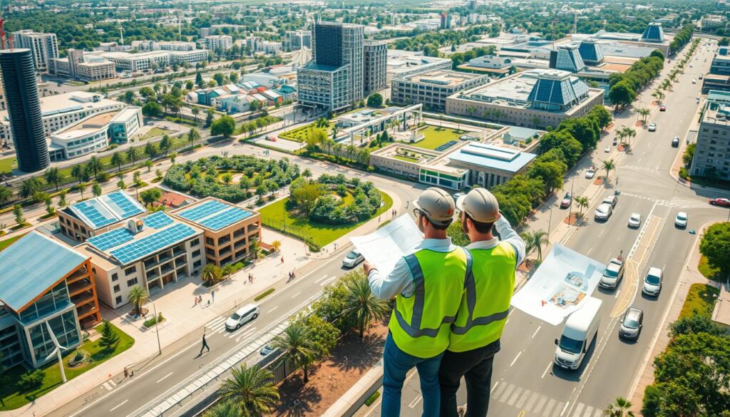 Sustainable project planning: an aerial view of a modern city landscape with green architectural designs, solar panels on rooftops, wind turbines, and electric vehicles on the streets. In the foreground, a team of civil engineers reviews blueprints and discusses sustainable construction techniques, with sustainable materials and energy-efficient technologies visible in the background. The scene is bathed in warm, natural lighting, conveying a sense of harmony between human endeavor and the natural environment.
