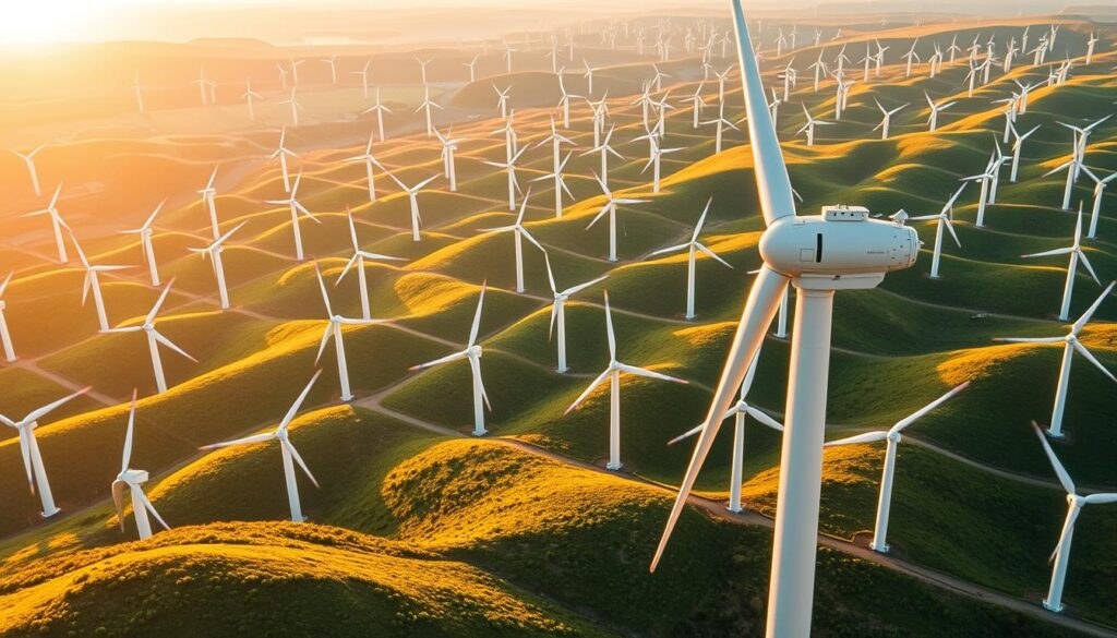 Sweeping wind farm layout, blades gracefully spinning in a crisp, golden-hour light. Sleek, modern wind turbines standing tall, their aerodynamic forms cutting through the sky. A sophisticated grid pattern, meticulously arranged to harness the wind's energy with maximum efficiency. In the foreground, a close-up view of a single turbine, its gleaming nacelle and slender tower rising up, surrounded by lush green hills. The midground features a wider perspective, capturing the harmonious rhythm of the turbines, their movement in sync like a well-choreographed dance. The background fades into a softly lit horizon, hinting at the scale and expanse of this innovative wind farm installation.