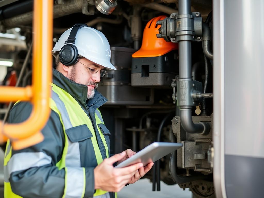 Technician performing detailed rolling stock inspection with digital checklist Technician performing detailed rolling stock inspection with digital checklist
