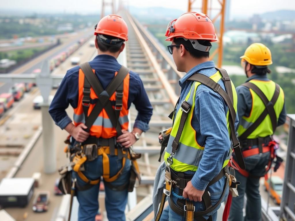 Thai construction workers with safety equipment on a major infrastructure project