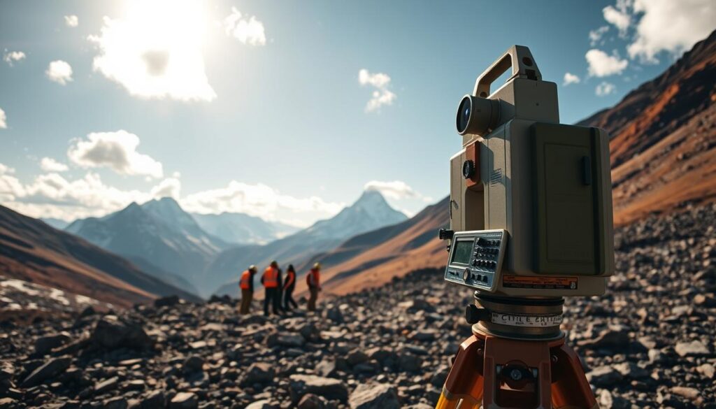 Topographic surveying in a rugged, mountainous landscape, captured with a wide-angle lens. In the foreground, a surveyor carefully positions a theodolite, its precise measurements charting the contours of the terrain. The middle ground reveals a team of surveyors, their orange vests and reflective gear standing out against the rocky backdrop. In the distance, snow-capped peaks pierce the sky, casting long shadows that accentuate the undulating slopes. Warm, golden sunlight filters through scattered clouds, creating a sense of depth and atmosphere. The scene conveys the technical expertise and meticulous attention to detail required for legal boundary surveys in challenging environments.