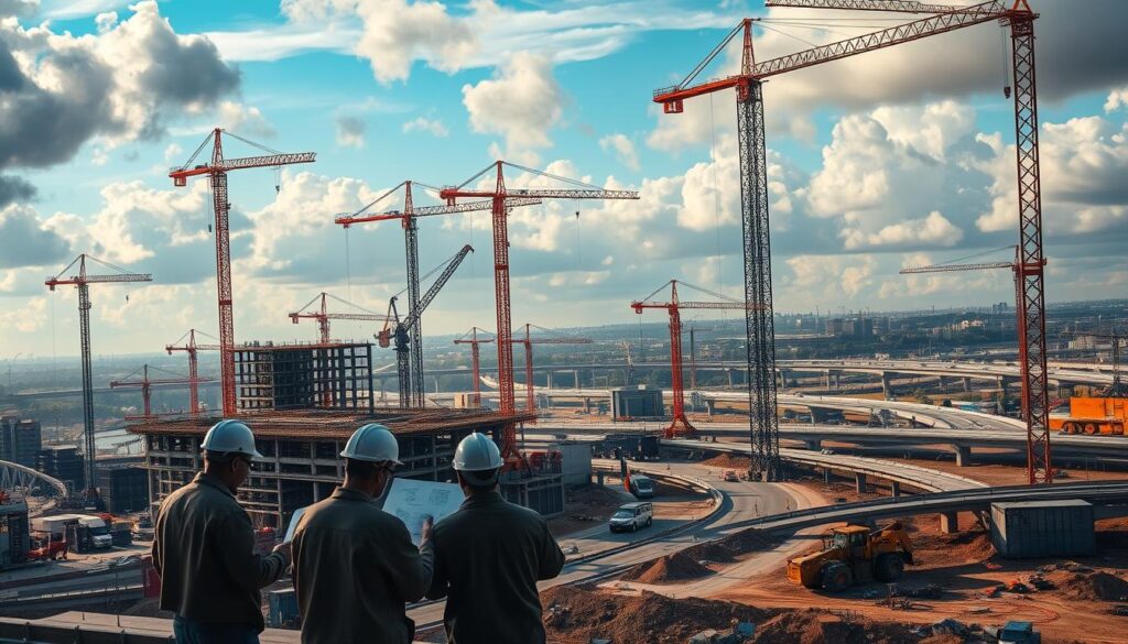 Towering concrete structures, steel girders and cables, cranes swinging heavy loads - a symphony of civil engineering forces in action. A sweeping panorama of a bustling construction site, bathed in warm, golden light filtering through clouds. In the foreground, a team of hardhat-clad workers collaborating on intricate blueprints, their silhouettes sharp against the backdrop of a partially completed skyscraper. In the middle ground, massive excavators and bulldozers carve into the earth, shaping the foundation for a new bridge. And in the distance, a network of highways and overpasses, a testament to the ingenuity of civil engineers. Capture the raw power, technical precision, and human effort that defines the essence of civil engineering.