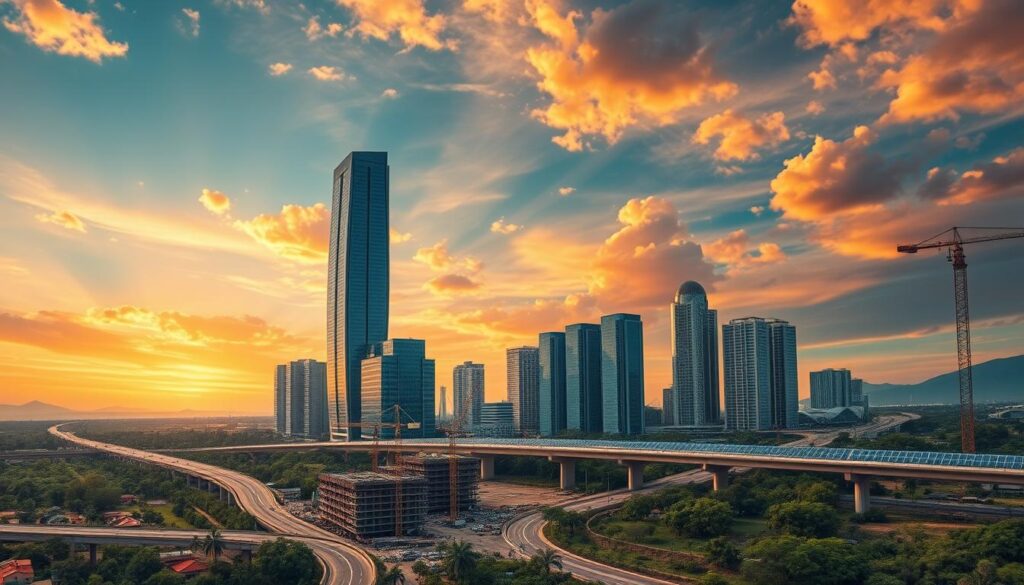 Towering skyscrapers rise against a vibrant African sky, their sleek glass facades reflecting the promise of a continent on the cusp of transformation. In the foreground, bustling construction sites teem with activity, cranes swinging over modern infrastructure projects that weave through the landscape. Expansive highways cut through lush greenery, connecting remote villages to thriving urban centers. Solar panels dot the horizon, harnessing the abundant natural resources to power this new era of growth. Beneath it all, a palpable sense of energy and optimism as Africa embraces the future, its people poised to reap the benefits of ambitious infrastructure development.