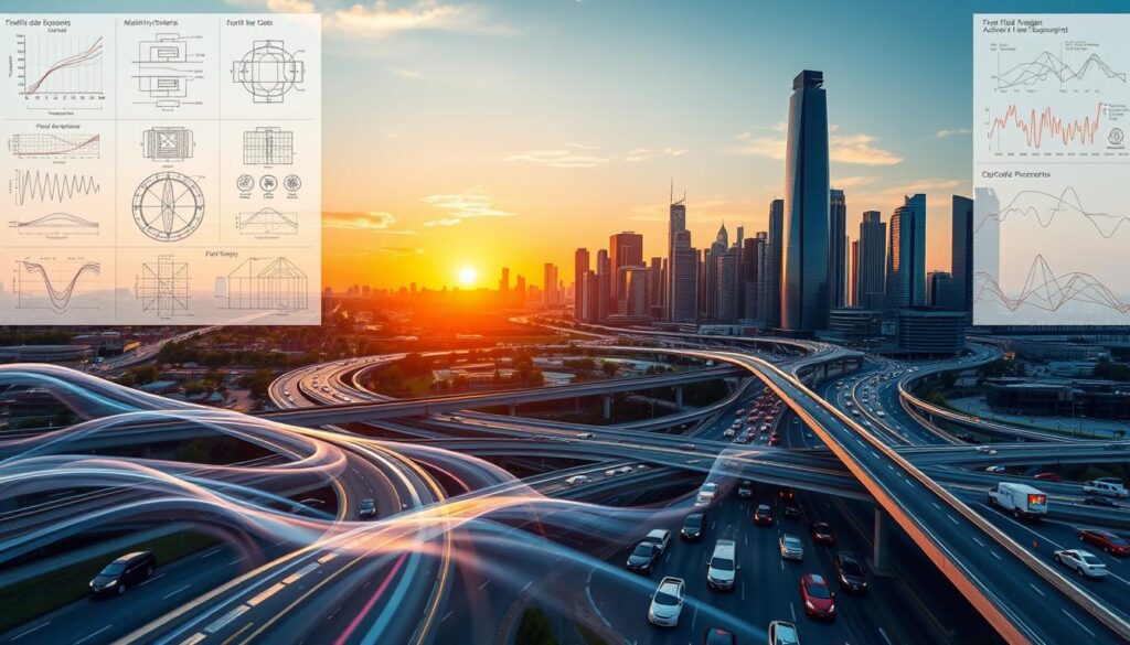 Traffic flow modeling, a technical illustration showcasing the dynamics of vehicular movement. A modern metropolis unfolds, with vehicles navigating intricate intersections and highways. In the foreground, a fluid simulation depicts the ebb and flow of cars, trucks, and buses, their paths choreographed by the invisible currents of traffic engineering. The middle ground features detailed schematics, diagrams, and data visualizations, providing insights into the underlying principles that govern this complex system. In the background, a cityscape of towering skyscrapers and bustling streets sets the stage, illuminated by the warm glow of a sunset. The scene conveys a sense of order amidst the chaos, highlighting the critical role of traffic flow modeling in optimizing urban mobility.