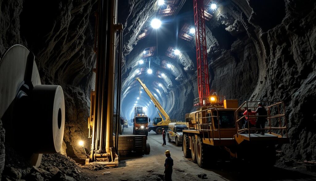 Tunnel construction engineering, with workers operating heavy machinery to excavate a vast underground passageway. The scene is illuminated by high-intensity construction lights, casting dramatic shadows and highlights on the rugged tunnel walls. In the foreground, a massive drilling rig bores into the rock, its powerful cutting head carving through the earth. In the middle ground, cranes and lifts move materials and equipment, while workers in hard hats and safety gear coordinate the intricate construction process. The background fades into the shadowy depths of the tunnel, hinting at the scale and complexity of the engineering challenge. The atmosphere is one of intense focus, determination, and the triumph of human ingenuity over the natural environment.