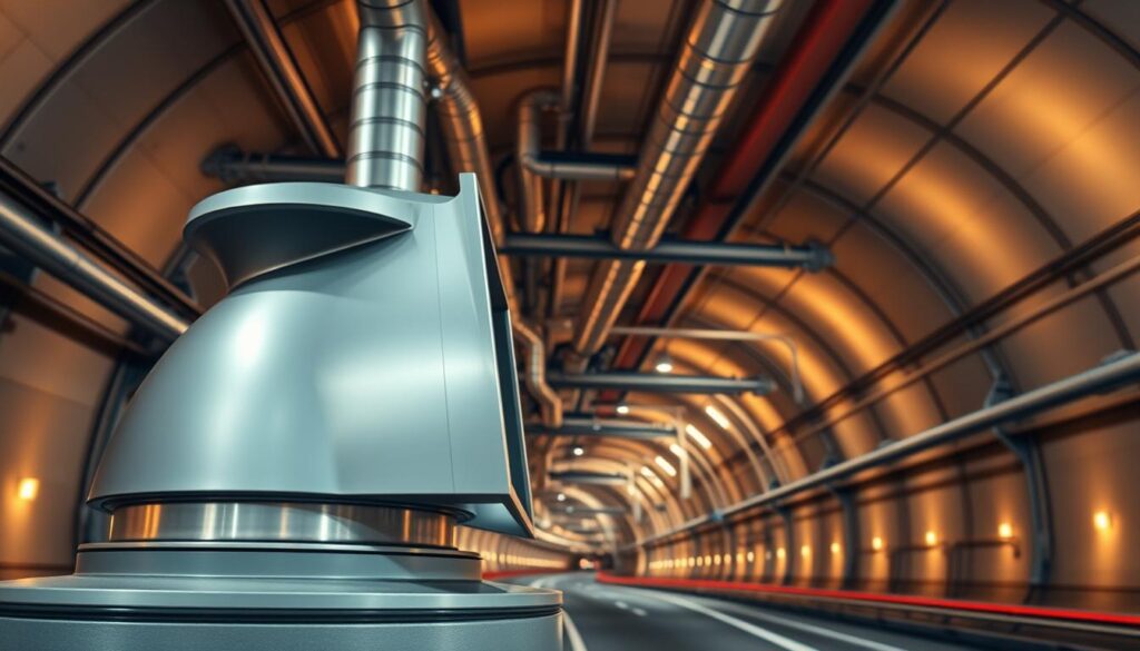 Tunnel ventilation design, a complex architectural masterpiece. In the foreground, a sleek, modern vent structure with clean lines and a metallic finish, strategically placed to optimize airflow. The middle ground showcases intricate ductwork and piping, weaving through the tunnel's interior, creating a visually captivating engineering symphony. In the background, the tunnel's walls are illuminated by warm, diffused lighting, casting a soft glow and highlighting the scale and grandeur of the space. The overall scene conveys a sense of technological sophistication and efficient transportation design, perfectly fitting the article's subject and section title.