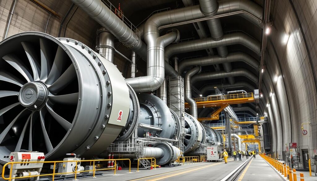Ventilation system in the Gotthard Base Tunnel showing massive axial fans and control equipment Ventilation system in the Gotthard Base Tunnel showing massive axial fans and control equipment