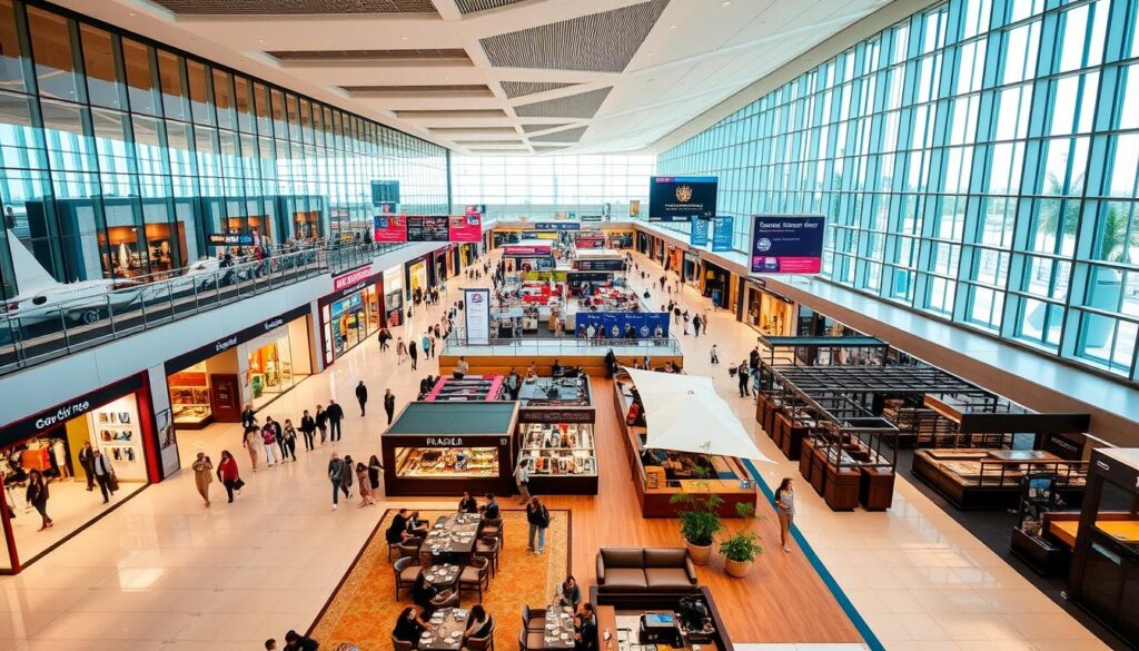 Vibrant airport terminal with a bustling array of retail and dining options. Gleaming glass walls flood the space with natural light, casting a warm glow over the polished floors and sleek modern furnishings. In the foreground, a diverse selection of high-end boutiques and specialty shops showcase the latest fashions, accessories, and luxury goods. The middle ground features a variety of casual and upscale eateries, from grab-and-go cafes to elegant sit-down restaurants, their enticing aromas wafting through the air. In the background, information displays, wayfinding signage, and gate areas seamlessly integrate into the design, creating a cohesive and efficient travel experience. The overall atmosphere is one of energy, excitement, and worldly sophistication.