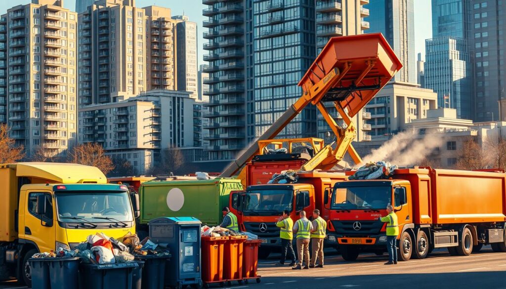 Waste collection and transportation scene with detailed garbage trucks and containers. In the foreground, a fleet of modern refuse vehicles in various bright colors, their hydraulic arms effortlessly lifting and dumping overflowing dumpsters. In the middle ground, workers in reflective vests diligently loading waste from curbside bins onto the trucks. Towering apartment buildings and office skyscrapers form the background, reflecting the urban environment. Warm afternoon sunlight casts long shadows and highlights the efficient choreography of the waste management operation. Subtle steam and exhaust plumes add a sense of industrious activity. The overall scene conveys a well-organized, sustainable waste collection system in a thriving metropolitan area.
