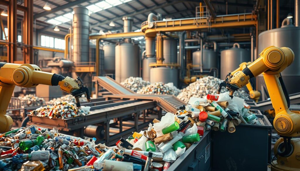 Waste recycling processes: a detailed industrial scene. In the foreground, robotic arms efficiently sort and separate various recyclable materials - glass, metal, plastic, and paper. In the middle ground, conveyor belts transport the sorted items to specialized processing equipment. In the background, large silos and storage tanks hold the processed materials, ready for reuse or distribution. Warm, industrial lighting casts a glow over the entire scene, highlighting the efficient, automated nature of the recycling operations. The overall atmosphere conveys a sense of environmental responsibility and resource recovery.