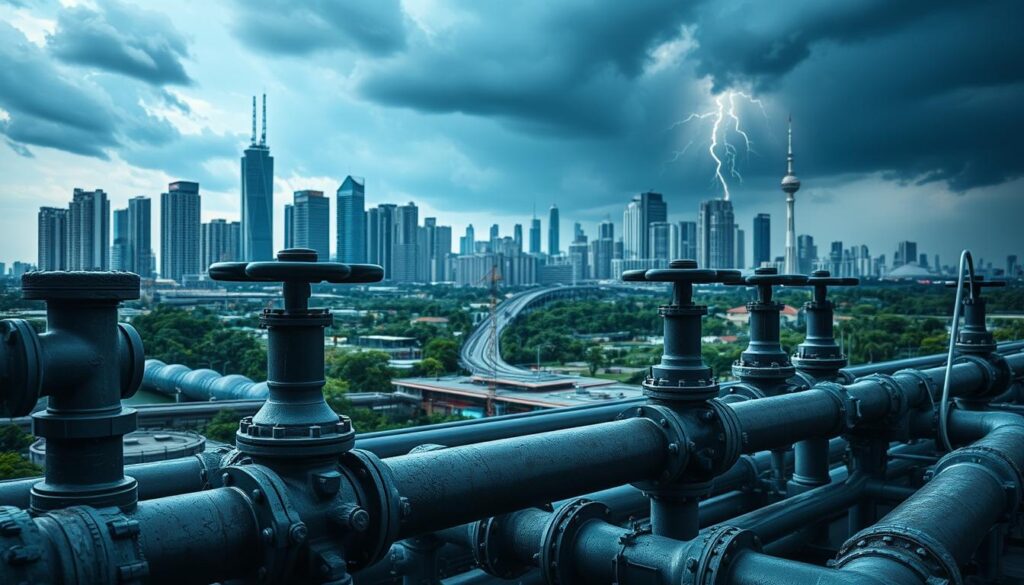 Water engineering challenges in a smart city landscape, with a focus on sustainable water management. In the foreground, a series of pipes, valves, and water treatment facilities, conveying the complexity of urban water infrastructure. The middle ground features a bustling cityscape, with towering skyscrapers and green spaces, highlighting the need to balance development and environmental considerations. In the background, a thunderstorm brews, representing the unpredictable weather patterns and flooding risks that smart cities must address. The lighting is dramatic, casting long shadows and emphasizing the weight of the engineering challenges. The overall mood is one of tension and urgency, as the city grapples with the pressing issues of water scarcity, quality, and resilience.