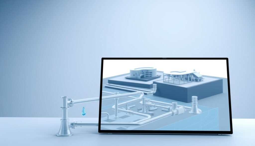 Water infrastructure design software, featuring a sleek and intuitive interface on a high-resolution display. In the foreground, a schematic diagram of a water distribution system, with pipes, valves, and pumps meticulously rendered. In the middle ground, a 3D model of a water treatment plant, showcasing its intricate design and various components. The background is a subtle gradient, evoking a sense of technological advancement and innovation. The lighting is soft and diffused, creating a calming and professional atmosphere, perfect for visualizing complex water infrastructure projects.