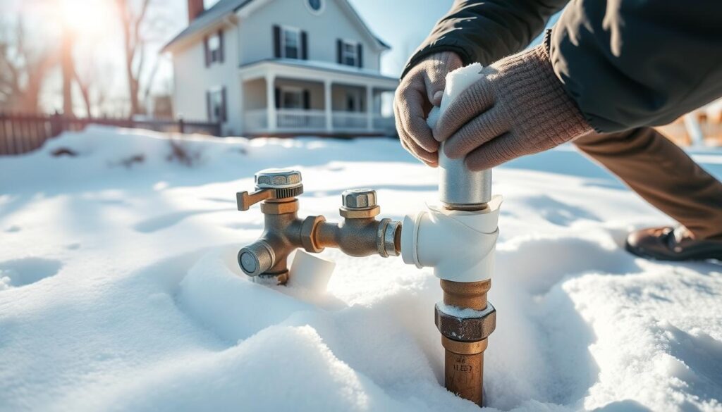 Winterizing plumbing systems: a snowy outdoor scene, a two-story house in the background, with focus on the foreground where a person is insulating exposed pipes, applying insulation tape and wrapping them in foam covers. Bright sunlight casts long shadows, the ground is covered in pristine white snow. In the middle ground, a faucet with a shut-off valve, and a water meter. The atmosphere is crisp, tranquil, and conveys the importance of proper winterization to protect against frozen pipes.