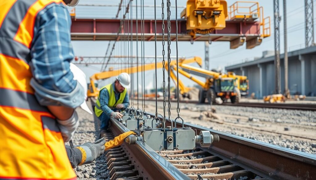 Workers installing vibration dampening components during high-speed rail track construction
