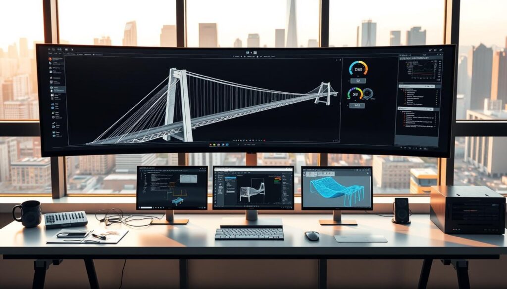 a beautifully rendered image of a modern civil engineering software suite, set against a sleek, minimalist workspace. In the foreground, a high-resolution 3D model of a suspension bridge is displayed on a large, curved ultrawide monitor, with various design parameters and simulations visible. In the middle ground, a variety of specialized engineering software tools are neatly arranged on a clean, clutter-free desk, including CAD, structural analysis, and project management applications. The background features floor-to-ceiling windows overlooking a bustling city skyline, bathed in warm, natural lighting that creates a sense of tranquility and productivity. The overall scene conveys the power and precision of cutting-edge civil engineering software, perfectly suited to illustrate the "Software and Tools for Civil Engineering" section of the article.