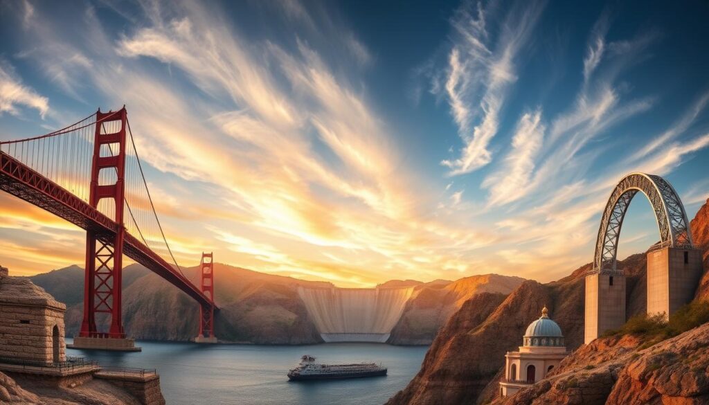a breathtaking panoramic view of iconic american civil engineering marvels, including the golden gate bridge, hoover dam, and the st. louis arch, set against a dramatic sky with wispy clouds and warm, golden lighting. the structures are rendered in exquisite detail, showcasing their intricate architectural designs and impressive scales. the image captures the awe-inspiring engineering feats that have shaped the american landscape, conveying a sense of historical significance and national pride. the composition balances the scale of the landmarks with their natural surroundings, creating a sense of harmony and technical mastery.