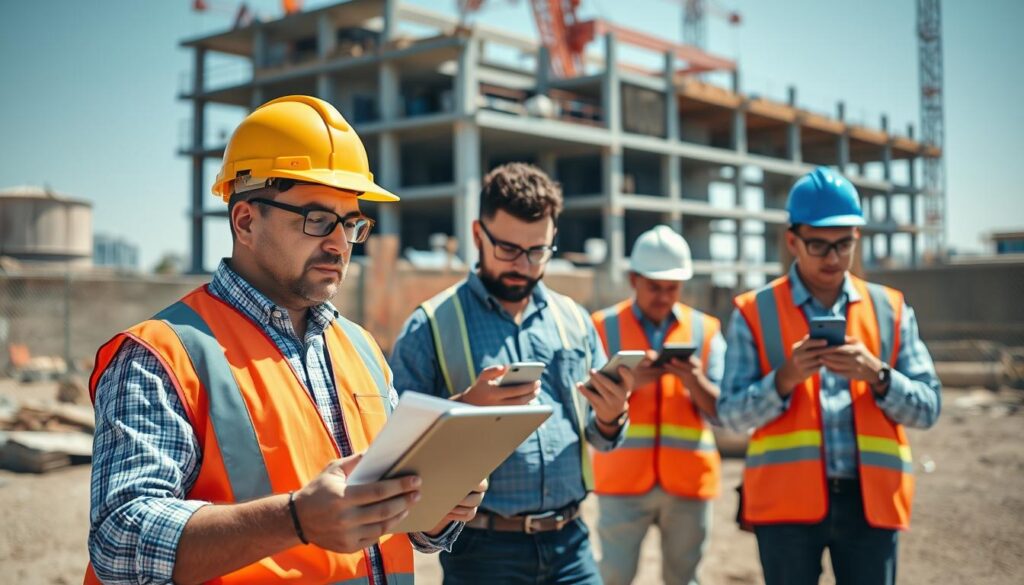 a civil engineering worksite with several engineers using mobile devices and apps, with a focused, professional atmosphere and attention to detail. In the foreground, an engineer is holding a tablet and inspecting construction plans. In the middle ground, other engineers are using smartphones and tablets to access data, communicate, and coordinate tasks. In the background, a partially constructed building or infrastructure project is visible, with construction equipment and materials visible. The lighting is bright and natural, capturing the energy and dynamism of the worksite. The overall scene conveys the importance of mobile technology in modern civil engineering practice.