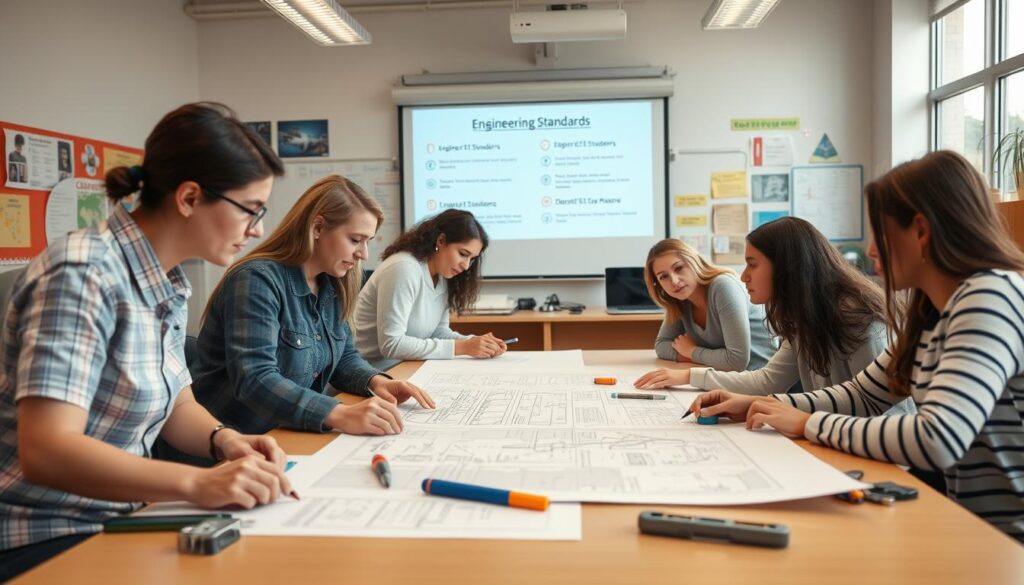 a classroom setting with teachers and students working together on engineering projects, the foreground shows a group of teachers and students collaborating on a blueprint or technical diagram, with various engineering tools and supplies on a table, the middle ground shows a whiteboard or projection screen displaying engineering standards and guidelines, the background shows a well-lit classroom with large windows, natural lighting, and various educational posters or displays related to engineering, the scene is lit with a warm, inviting glow, creating a sense of a productive and engaging learning environment focused on engineering education and standards