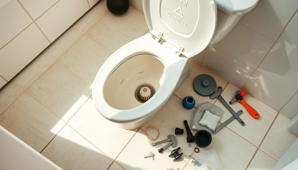 a clean, well-lit bathroom interior with a focus on a partially disassembled toilet sitting on a tiled floor. The toilet bowl and tank are exposed, revealing the inner workings and mechanisms. Nearby, an assortment of plumbing tools and supplies, such as a plunger, wrench, and replacement parts, are neatly arranged, suggesting a DIY repair in progress. The lighting is bright and natural, casting soft shadows and highlighting the textures of the materials. The overall atmosphere is one of careful attention to detail and a methodical approach to the repair task at hand.