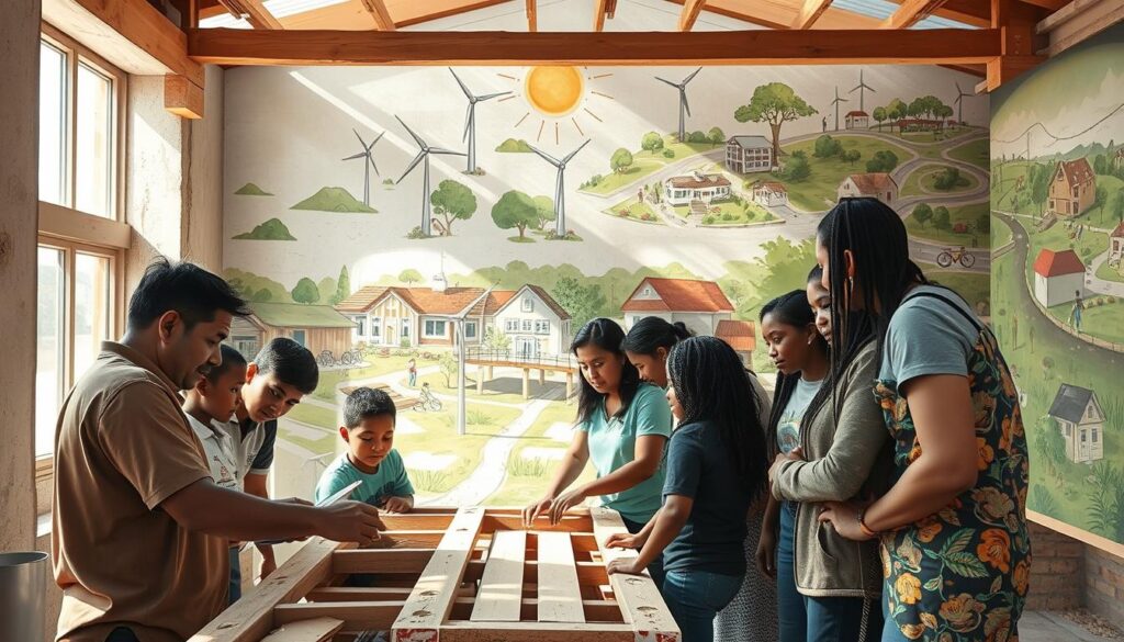 a community development project through sustainable engineering practices, capturing the collaborative spirit and tangible impact on people's lives. In the foreground, a group of diverse individuals - men, women, and children - working together to construct a building using eco-friendly materials. Sunlight filters through the windows, casting a warm glow on their faces as they problem-solve and share ideas. In the middle ground, a network of solar panels and wind turbines powering the structure, symbolizing the integration of renewable energy. In the background, a vibrant mural depicting scenes of the local community - schools, parks, and homes - all connected by a series of bike lanes and pedestrian walkways, reflecting the project's holistic approach to sustainable development. The scene conveys a sense of optimism, empowerment, and the transformative potential of community-driven engineering.