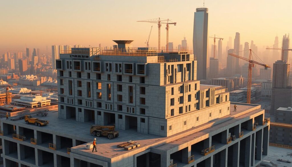 a detailed 3D rendered scene depicting the latest 3D printing trends transforming the construction industry. in the foreground, a large-scale 3D printed building facade is under construction, showcasing intricate architectural details and textured materials. in the middle ground, construction workers operate advanced 3D printing equipment, laying down successive layers of concrete to build the structure. in the background, a city skyline with futuristic skyscrapers and cranes hints at the scale of 3D printing's impact on urban development. the scene is lit by warm, diffuse lighting that casts long shadows, creating a sense of depth and monumentality. the overall mood is one of innovation, efficiency, and the seamless integration of cutting-edge technology into the built environment.