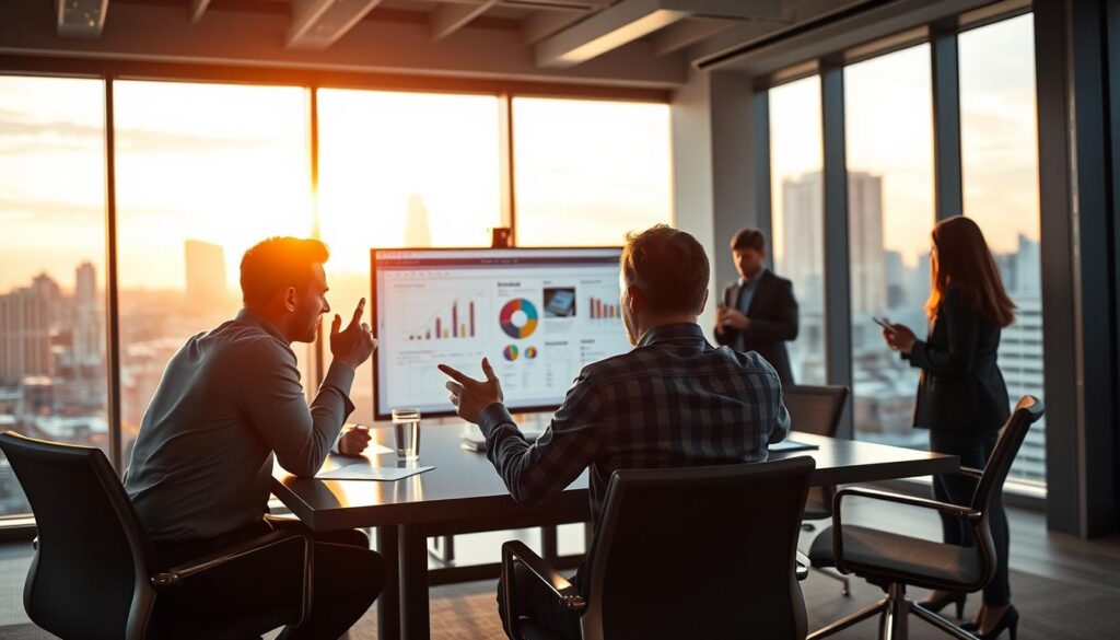 a detailed and photorealistic image of a project management team engaged in active communication, with a professional yet dynamic atmosphere. The foreground shows three people sitting around a conference table, gesturing and discussing project details on a large display screen. The middle ground features additional team members standing, taking notes and contributing to the discussion. The background has large windows overlooking a cityscape, with warm lighting from the setting sun casting a soft glow on the scene. The overall composition conveys a sense of collaboration, focused energy, and the importance of effective communication in successful project management.