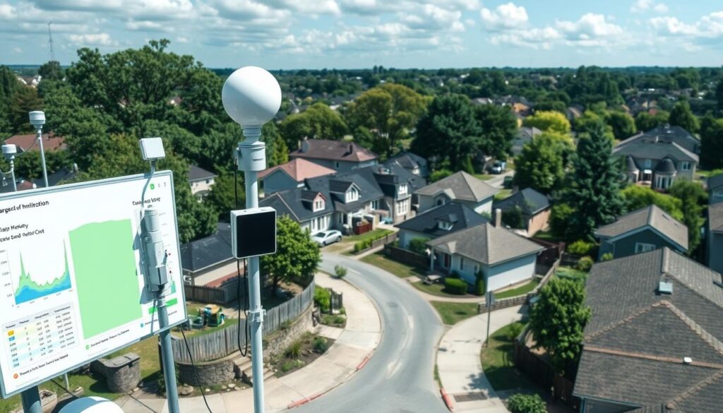 a detailed and technologically advanced environmental monitoring system in a community setting, featuring an array of sensors and devices positioned throughout a residential neighborhood, capturing real-time data on air quality, water levels, noise pollution, and other environmental factors, with the data displayed on a central dashboard that is accessible to local residents, fostering a sense of transparency and community involvement in the ongoing monitoring and preservation of the local environment