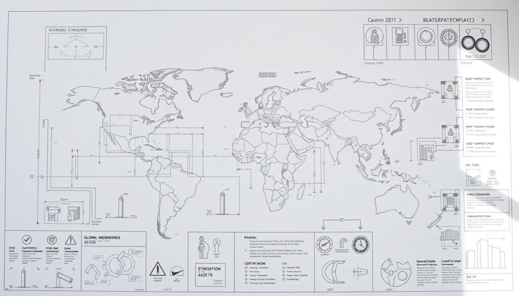 a detailed architectural blueprint diagram showing global engineering standards, with intricate technical diagrams, dimensions, and schematics against a clean and minimalist white background, featuring various standardized symbols, icons, and infographic elements that convey international certification and compliance, lit by soft natural lighting from the top left, captured with a high-resolution camera lens to showcase the fine details and precision