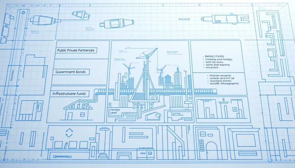 a detailed architectural blueprint diagram showing various infrastructure financing models, with a clean, technical aesthetic. the diagram should include labeled sections for common financing methods like public-private partnerships, government bonds, bank loans, private equity, and infrastructure funds. the foreground should focus on these financing models, with a middle ground of abstract geometric shapes and lines representing financial flows and data visualizations. the background should have a subtle grid pattern, hinting at the complex systems and data underpinning infrastructure financing. the overall scene should convey a sense of structured, analytical planning and financial sophistication.