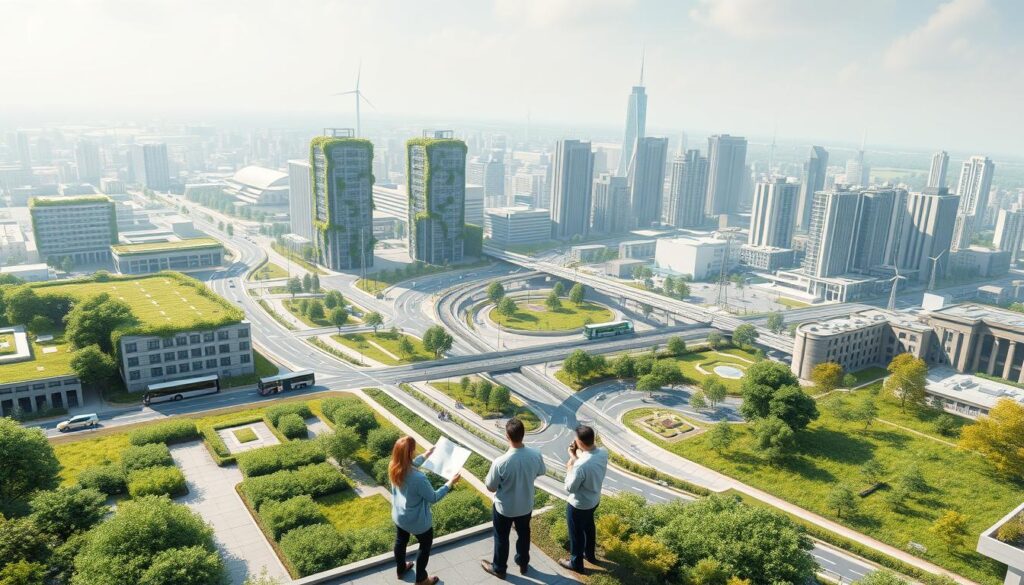 a detailed architectural illustration of a modern green infrastructure engineering project, showcasing a comprehensive policy and regulatory framework. the scene depicts a sprawling urban landscape with lush green rooftops, bioswales, and permeable pavements. in the foreground, a group of architects and engineers in discussion, reviewing blueprints and 3D models on their tablets. in the middle ground, a network of sustainable transportation systems, including electric buses, bike lanes, and pedestrian walkways. in the background, towering skyscrapers with cascading greenery, solar panels, and wind turbines. the lighting is soft and diffused, creating a sense of tranquility and environmental harmony. the perspective is elevated, offering a bird's-eye view of the integrated green infrastructure ecosystem.