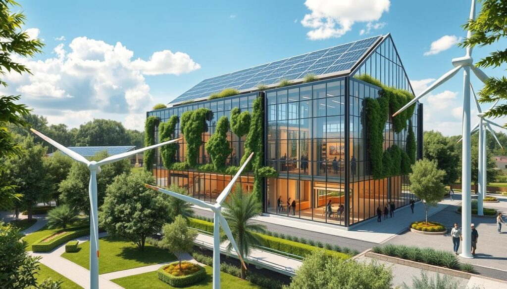 a detailed architectural rendering of a sustainable civil engineering project, showcasing a modern commercial building with solar panels on the roof, wind turbines in the foreground, and a lush green park with pedestrian walkways in the background. The building features energy-efficient glass facades, vertical gardens, and a rainwater harvesting system. Sunlight streams through the windows, illuminating the interior's open-concept design and sustainable materials like bamboo and recycled plastics. The scene conveys a sense of environmental harmony, with people enjoying the outdoor spaces and clean transportation options. The overall mood is one of progress, innovation, and a commitment to a greener future.