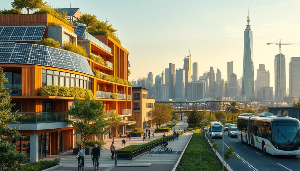 a detailed architectural scene showcasing the latest sustainable construction trends and technologies. in the foreground, a modern mixed-use building with solar panels, green roofs, and sustainable materials like timber and concrete. in the middle ground, pedestrians and cyclists navigating the urban landscape, with electric vehicles and public transportation visible. in the background, a skyline of skyscrapers and high-rise buildings, all incorporating energy-efficient design and renewable energy sources. the scene is bathed in warm, golden lighting, conveying a sense of optimism and progress towards a more sustainable future. the overall composition emphasizes the integration of sustainable features into the built environment, reflecting the global shift towards eco-friendly construction.